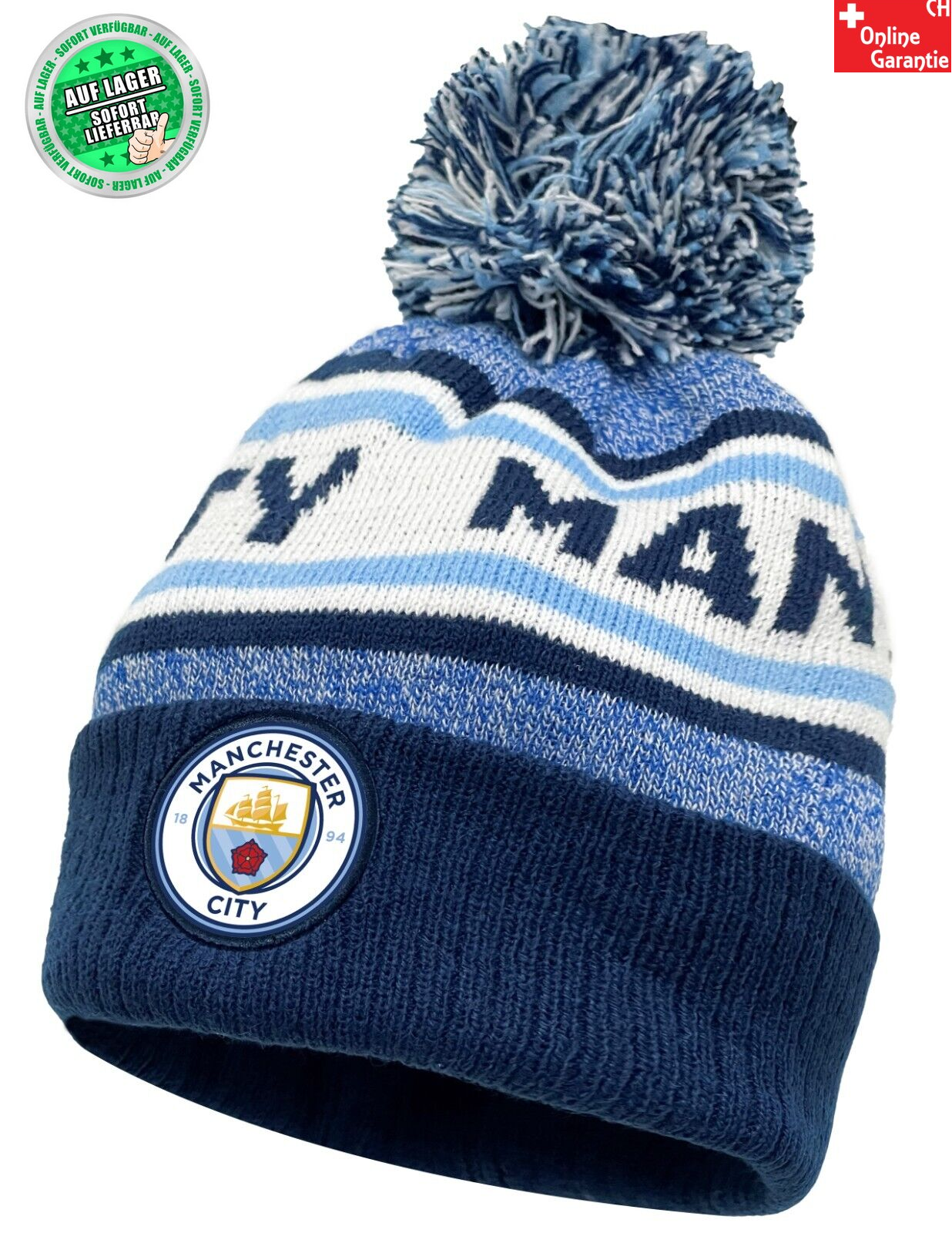 Manchester City Beanie Man City Mtze Bommel Wappen Logo Fussball Premier League Fanartikel Kleidung & Accessoires 2